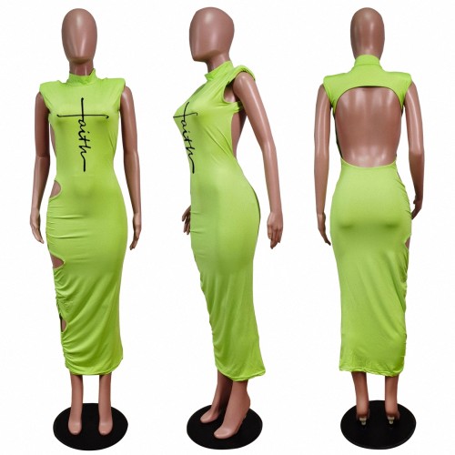 Solid Color Green Backless Printed Hollow Out Sleeveless Midi Dress