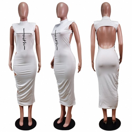 Solid Color White Backless Printed Hollow Out Sleeveless Midi Dress