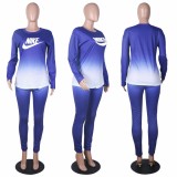 Classic Casual Blue Pyrography Letter Gradient Two Piece Outdoor Exercise Long Pant Set