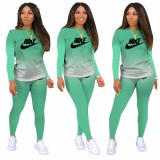Classic Casual Emerald Pyrography Letter Gradient Two Piece Outdoor Exercise Long Pant Set