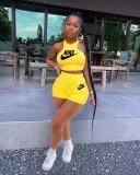 Summer Women's Casual Solid Color Yellow Printed Pocket Vest Crop Top  Shorts Two-piece Set