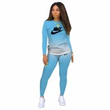 Classic Casual Light Blue Pyrography Letter Gradient Two Piece Outdoor Exercise Long Pant Set