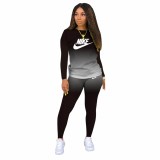 Classic Casual Black Pyrography Letter Gradient Two Piece Outdoor Exercise Long Pant Set