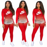Classic Casual Jacinth Pyrography Letter Gradient Two Piece Outdoor Exercise Long Pant Set