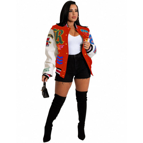 New Color Matching Autumn Winter Printed Baseball Jacket Women's Casual Loose Long Sleeve Bomber Jacket