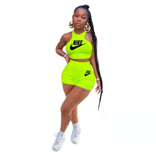 Summer Women's Casual Solid Color Fluorescent Green Printed Pocket Vest Crop Top  Shorts Two-piece Set