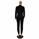 Black Sparkly Sequin Threaded Two Piece Set for Women Fall Winter Sport Suit Zipper Sweatshirts Jacket Top and Pants Tracksuit Clubwear