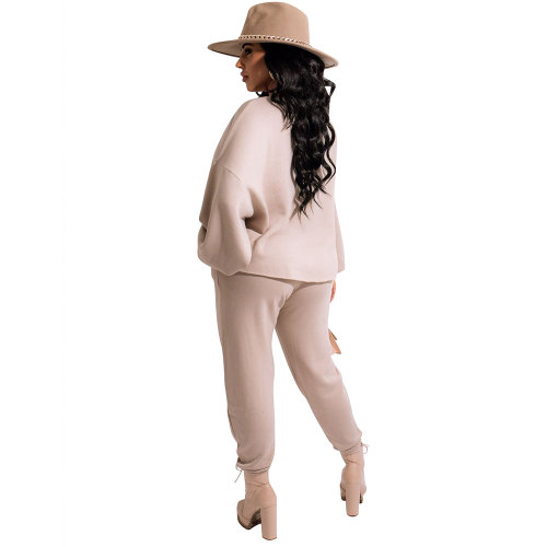 Apricot Tracksuits Women Solid Two Piece Set Lantern Sleeve Loose Sweatshirts Tops Drawstring Pockets Sweatpants Jogging Suits