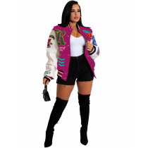 New Color Matching Autumn Winter Printed Baseball Jacket Women's Casual Loose Long Sleeve Bomber Jacket
