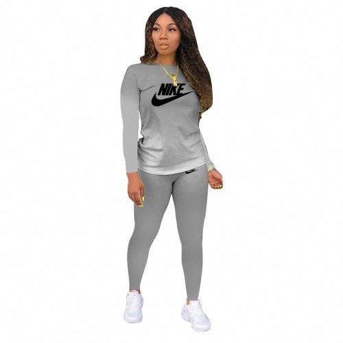 Classic Casual Grey Pyrography Letter Gradient Two Piece Outdoor Exercise Long Pant Set