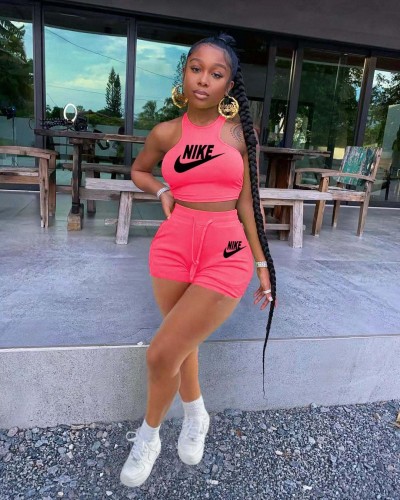 Summer Women's Casual Solid Color Pink Printed Pocket Vest Crop Top  Shorts Two-piece Set