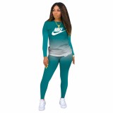 Classic Casual Dark Green Pyrography Letter Gradient Two Piece Outdoor Exercise Long Pant Set
