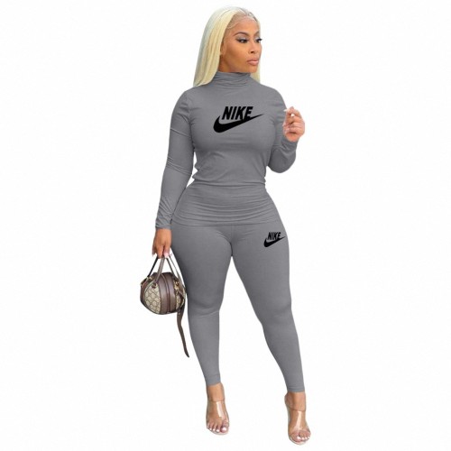 Solid Color Grey Turtleneck Printed Casual Plus Size Two Piece Outfits