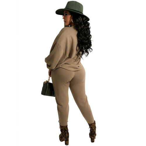Army Green Tracksuits Women Solid Two Piece Set Lantern Sleeve Loose Sweatshirts Tops Drawstring Pockets Sweatpants Jogging Suits