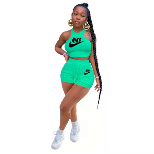 Summer Women's Casual Solid Color Aqua Green Printed Pocket Vest Crop Top  Shorts Two-piece Set