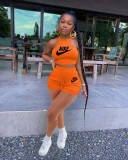 Summer Women's Casual Solid Color Orange Printed Pocket Vest Crop Top  Shorts Two-piece Set