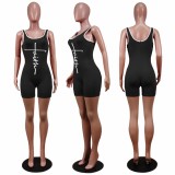 Solid Black Pyrography Sleeveless Vest Short Rompers Summer Clothing