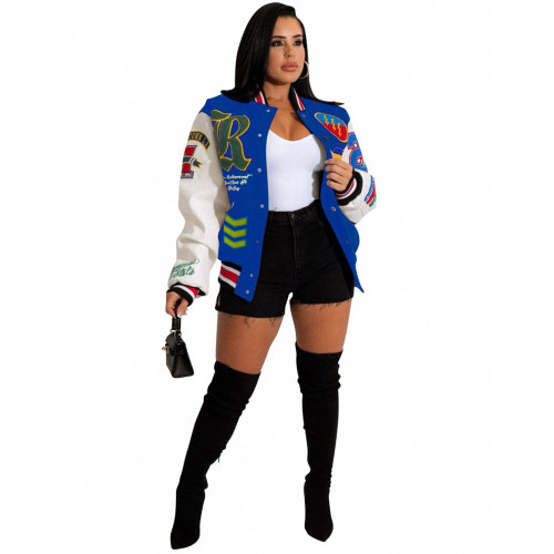 New Color Matching Autumn Winter Printed Baseball Jacket Women's Casual Loose Long Sleeve Bomber Jacket