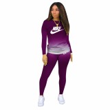 Classic Casual Purple Pyrography Letter Gradient Two Piece Outdoor Exercise Long Pant Set