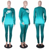 Classic Casual Dark Green Pyrography Letter Gradient Two Piece Outdoor Exercise Long Pant Set