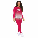 Classic Casual Rose Pyrography Letter Gradient Two Piece Outdoor Exercise Long Pant Set