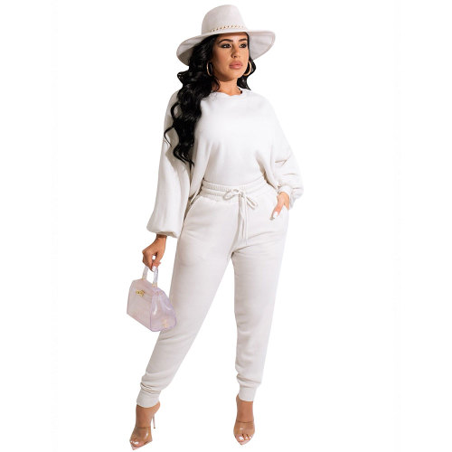 White Tracksuits Women Solid Two Piece Set Lantern Sleeve Loose Sweatshirts Tops Drawstring Pockets Sweatpants Jogging Suits