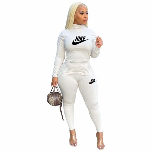 Solid Color White Turtleneck Printed Casual Plus Size Two Piece Outfits
