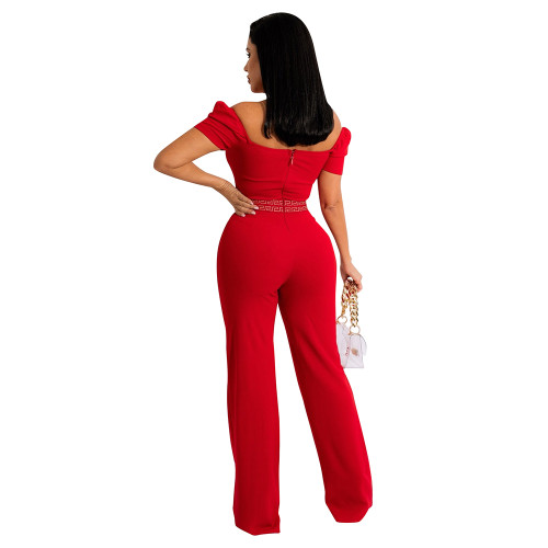 2022 Lady Spring Red Short Sleeve Off Shoulder Bubble Sleeve Open Line Decoration Long Jumpsuit