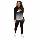 Classic Casual Black Pyrography Letter Gradient Two Piece Outdoor Exercise Long Pant Set
