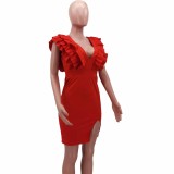 Summer Solid Red Sexy V Neck Ruffle Split Fashion Sexy Bodycon Dress
