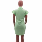 Women Solid Mint Green Turn-down Neck with Pocket Single Breasted Bodycon Party Dress