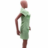 Women Solid Mint Green Turn-down Neck with Pocket Single Breasted Bodycon Party Dress