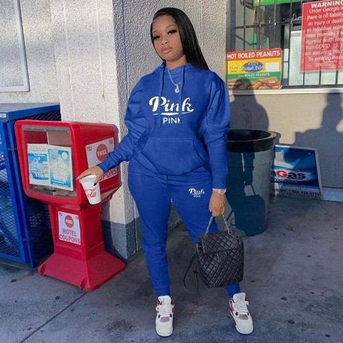 Casual Pockets Two Piece Hoodie Blue Printed Tracksuit Women Clothing Set