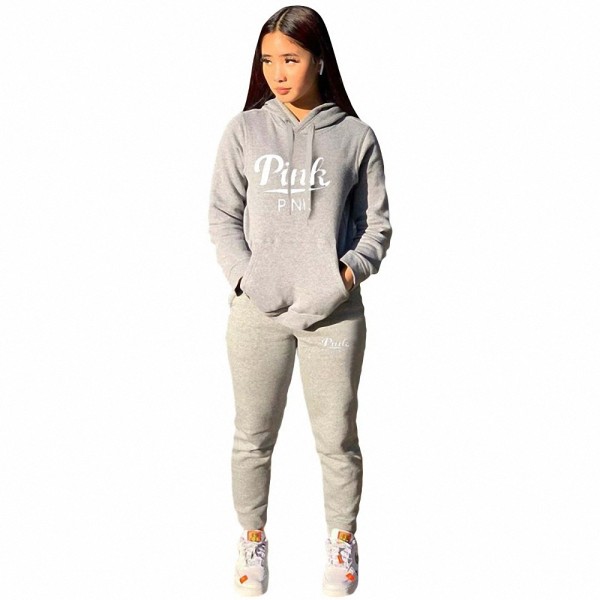 Casual Pockets Two Piece Hoodie Grey Printed Tracksuit Women Clothing Set