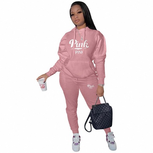 Casual Pockets Two Piece Hoodie Pink Printed Tracksuit Women Clothing Set