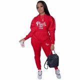 Casual Pockets Two Piece Red Hoodie Printed Tracksuit Women Clothing Set