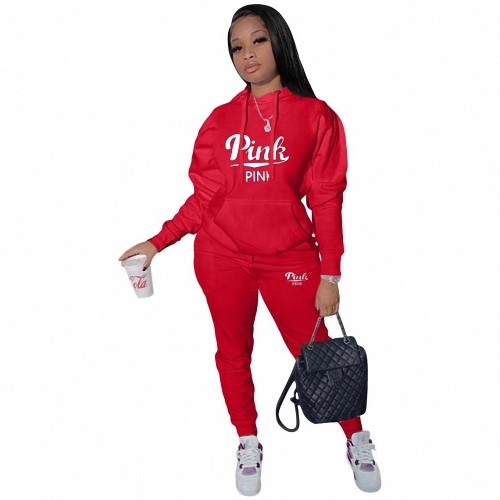 Casual Pockets Two Piece Red Hoodie Printed Tracksuit Women Clothing Set