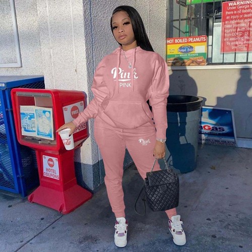 Casual Pockets Two Piece Hoodie Pink Printed Tracksuit Women Clothing Set