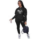 Casual Pockets Two Piece Hoodie Black Printed Tracksuit Women Clothing Set