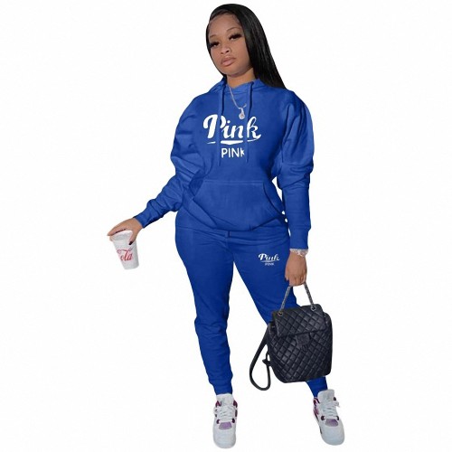 Casual Pockets Two Piece Hoodie Blue Printed Tracksuit Women Clothing Set