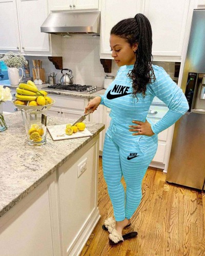 Fashion Classic Blue Striped Print Casual Branded Homewear Two Piece Set