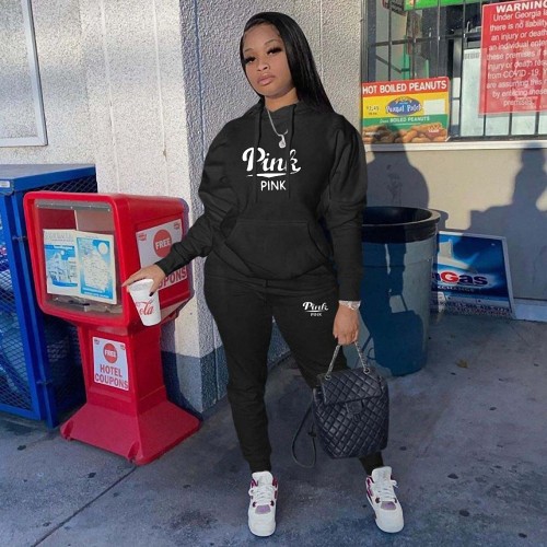 Casual Pockets Two Piece Hoodie Black Printed Tracksuit Women Clothing Set