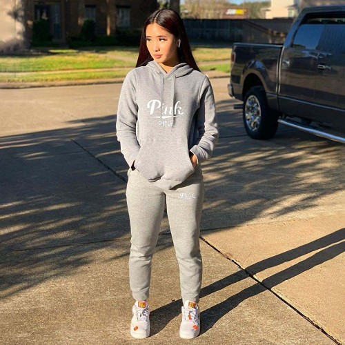 Casual Pockets Two Piece Hoodie Grey Printed Tracksuit Women Clothing Set
