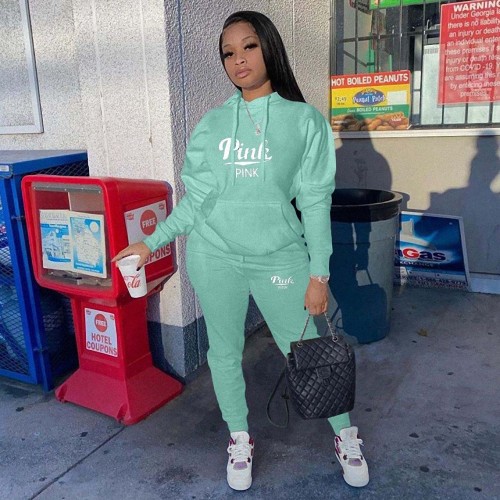 Casual Pockets Two Piece Hoodie Printed Tracksuit Women Clothing Set