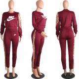 Spring Autumn Solid Color Maroon Pyrography Sequin Tassel Two Piece Pant Set