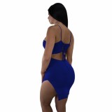 Summer Sexy Solid Color Royal Blue Pyrography Straps Irregular Split Dress