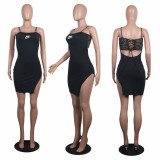 Summer Sexy Solid Color Black Pyrography Straps Irregular Split Dress