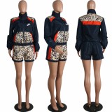 Fashion Dark Blue Leopard Pyrography Contrast Color Stitching Pant Set Zipper Stand Collar Sports Two Piece Outfits