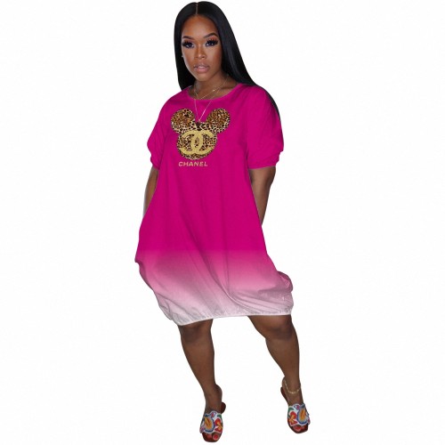 Women Rose Pyrography V-Neck Solid Dress Shirt Dresses Short Sleeve Mid-Length Beach Gradient Sundress