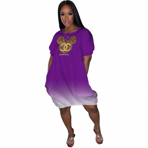 Women Purple Pyrography V-Neck Solid Dress Shirt Dresses Short Sleeve Mid-Length Beach Gradient Sundress